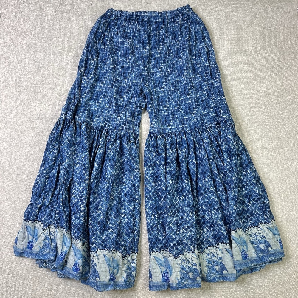 Boho Tiered Palazzo Pants Ruffle Wide Leg Ocean Blue Print Festival Size Large